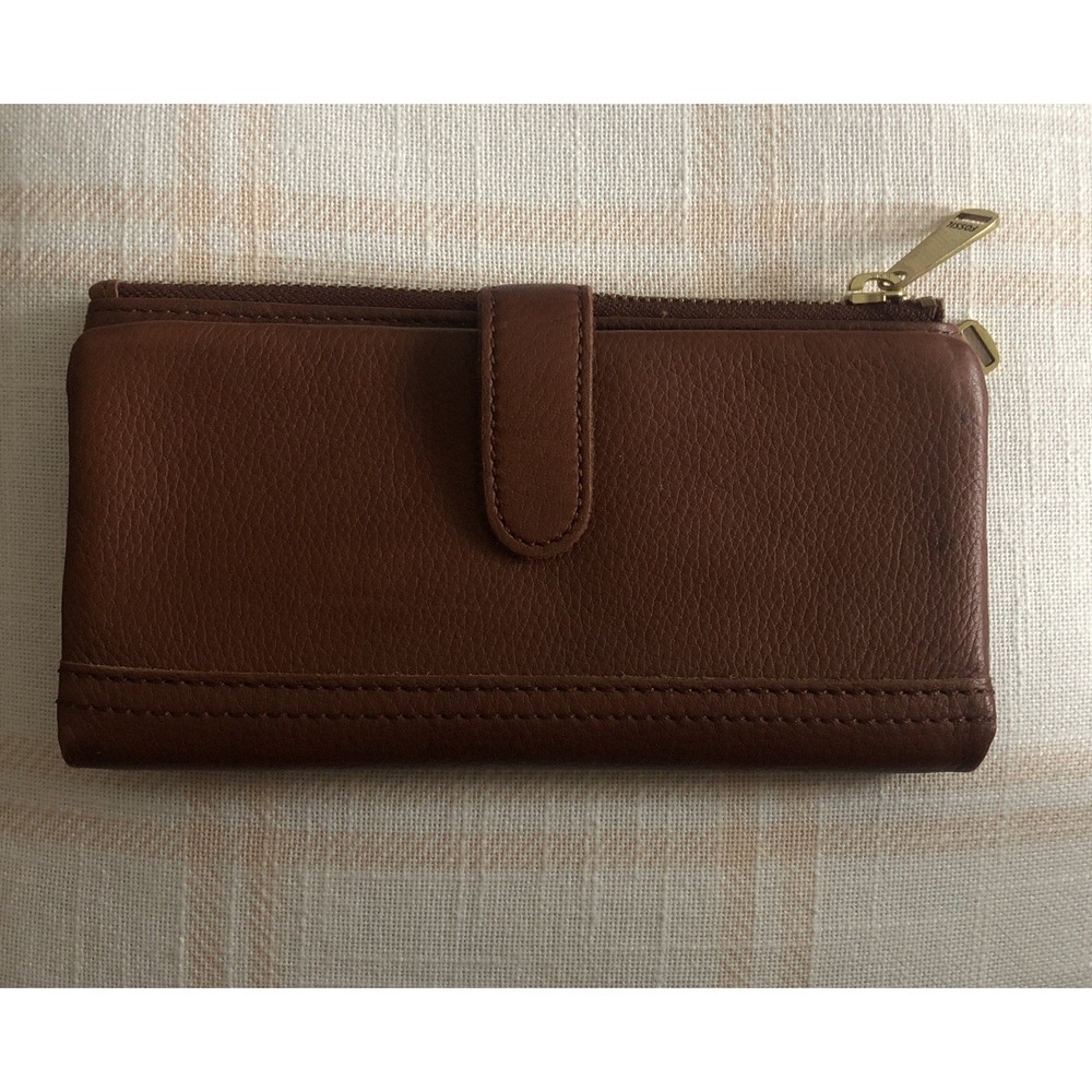 Vintage Fossil Clutch Saddle Brown Pebbled Leather Zip Snap Wallet 7x4